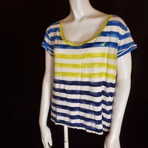 Hollister White, Blue, & Yellow Striped Short Sleeve Tee Shirt (L)